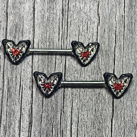 14G 9/16 Red Gem Captured Heart Barbell Nipple Ring Set