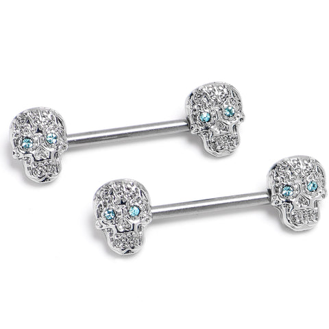 14G 9/16 316L Steel Skulls Blue Gem with Titanium Barbell Nipple Rings