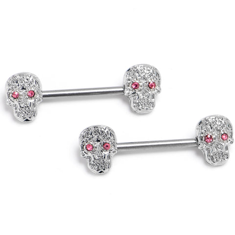 14G 9/16 316L Steel Skulls Pink Gem with Titanium Barbell Nipple Rings
