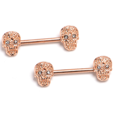 14G 9/16 Rose Gold  316L Steel Skulls with Titanium Barbell Nipple Rings