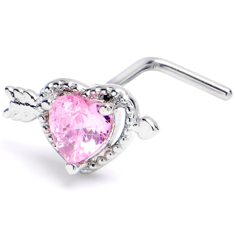 20G 1/4 Pink CZ Gem Fusion Of Love Arrow Heart L Shape Nose Ring