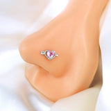 20G 1/4 Pink CZ Gem Fusion Of Love Arrow Heart L Shape Nose Ring