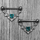 14G 9/16 Blue Gem Winged Hearts Angel Dangle Nipple Ring Set