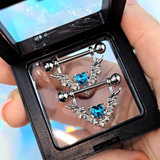14G 9/16 Blue Gem Winged Hearts Angel Dangle Nipple Ring Set