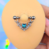 14G 9/16 Blue Gem Winged Hearts Angel Dangle Nipple Ring Set