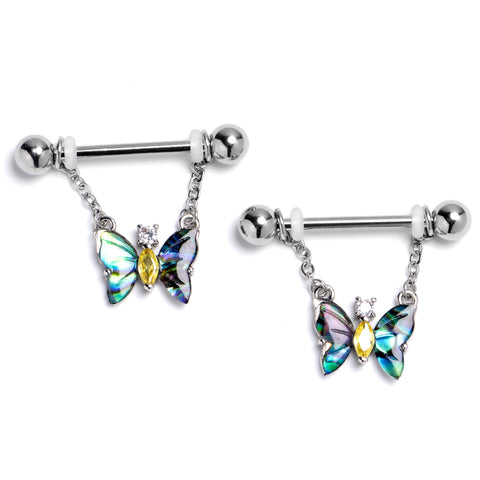 14G 9/16 Yellow Gem Dark Butterflies Chain Dangle Nipple Ring Set