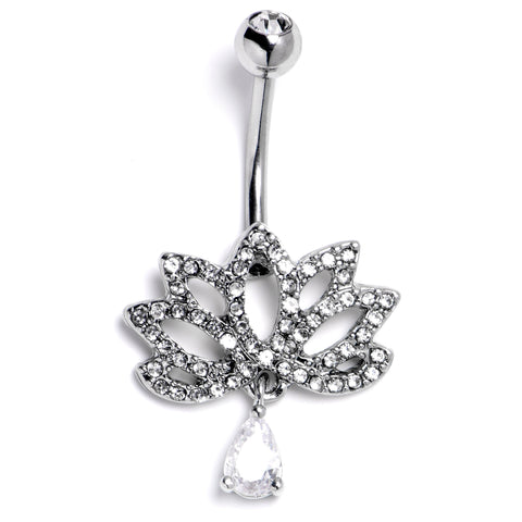 Clear CZ Gem Internally Threaded Lotus Fashion Flower Dangle Belly Ring