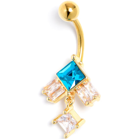 Blue Clear CZ Gem Gold Tone Rhombus Riot Dangle Belly Ring