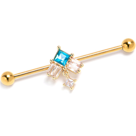 14G Blue CZ Gem Gold Tone Rhombus Riot Industrial Barbell 38mm