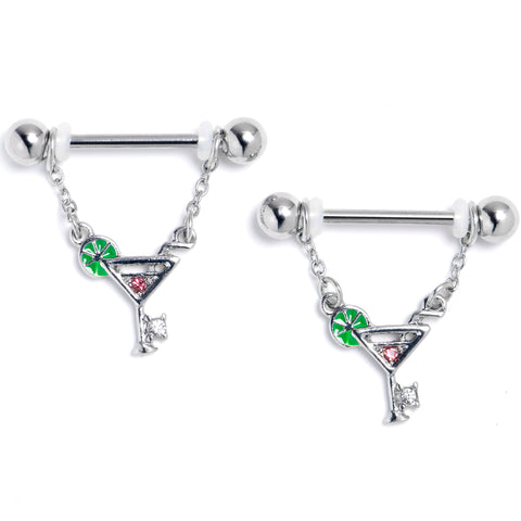 14G 9/16 Pink Clear Gem Cocktail Hour Dangle Nipple Ring Set