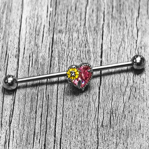 14G Clear Pink Gem Sunflower Heart Love Industrial Barbell 38mm