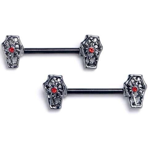14G 9/16 Red Gem Black Spider Coffin Barbell Nipple Ring Set