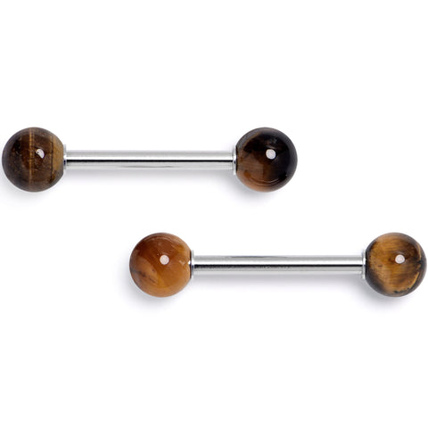 14G 5/8 Tiger Eye Natural Stone Barbell Nipple Ring Set
