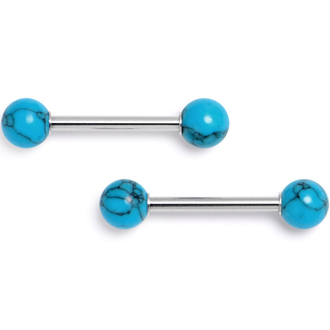 14G 5/8 Blue Turquoise Natural Stone Barbell Nipple Ring Set