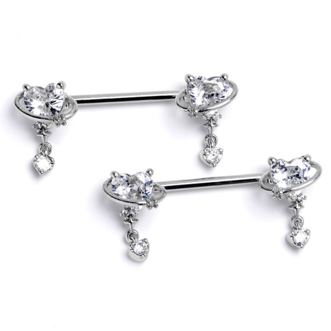 14G 9/16 Clear CZ Gem Saturn Heart Dangle Nipple Ring Set