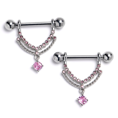 14G 9/16 Pink CZ Gem Double Curves Dangle Nipple Ring Set