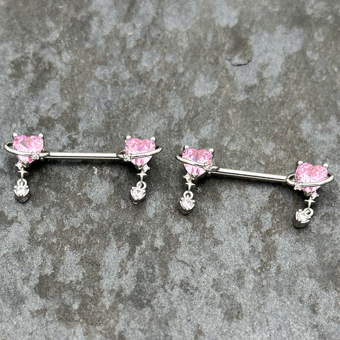 14G 9/16 Pink Clear Gem Saturn Heart Dangle Nipple Ring Set