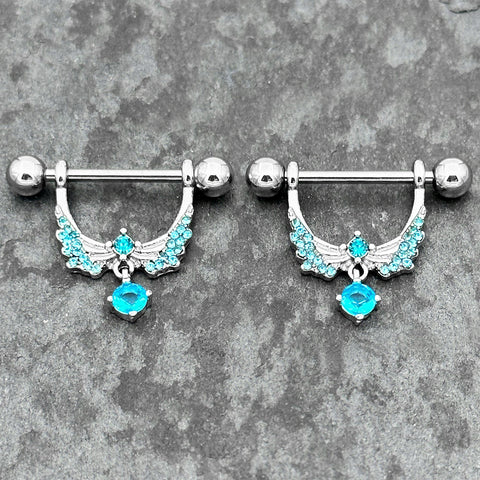 14G 9/16 Blue CZ Gem Alluring Wings Dangle Nipple Ring Set