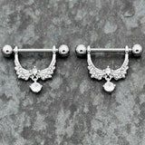 14G 9/16 Clear CZ Gem Alluring Wings Dangle Nipple Ring Set