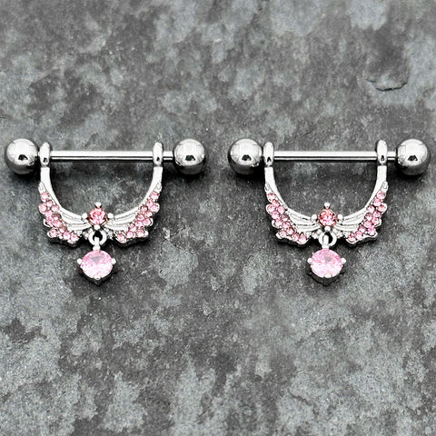 14G 9/16 Pink CZ Gem Alluring Wings Dangle Nipple Ring Set