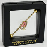 14G Clear Pink Gem Gold Tone Circle Heart Industrial Barbell 38mm