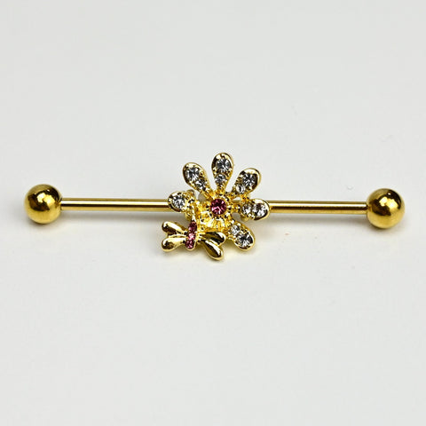 14G Clear Gem Gold Tone Classic Bee Flower Industrial Barbell 38mm