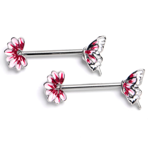 14G 9/16 Clear CZ Gem Butterfly Blossom Pink Barbell Nipple Ring Set