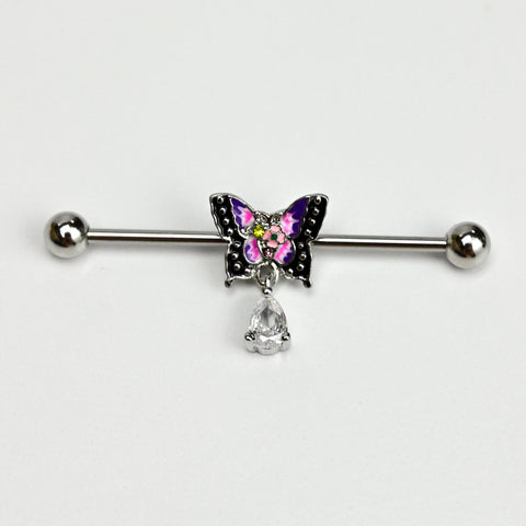 14G Clear Gem Colorful Butterfly Dangle Industrial Barbell 38mm