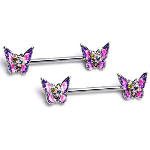 14G 9/16 Yellow Green Gem Exotic Butterflies Barbell Nipple Ring Set