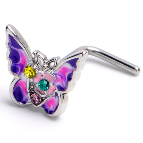 20G 7mm Yellow Green Gem Exotic Butterfly L Shape Nose Ring