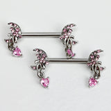 14G 9/16 Pink Gem Moon Bow Heart Dangle Nipple Ring Set