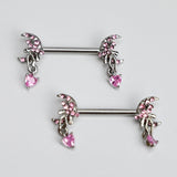 14G 9/16 Pink Gem Moon Bow Heart Dangle Nipple Ring Set