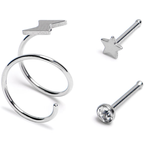 20G Clear Gem Star Spiral Nose Ring 3 Pack