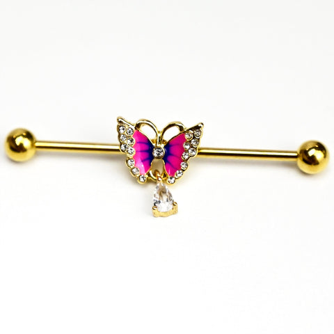 14G Clear Gem Gold Hue Butterfly Pink Dangle Industrial Barbell 38mm