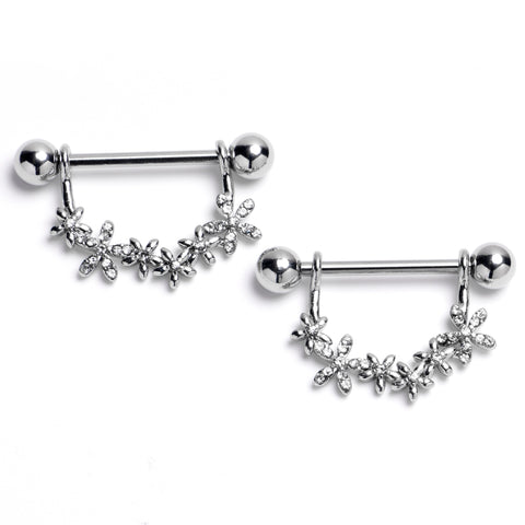 14G 9/16 Clear Gem Flower Chain Dangle Nipple Ring Set