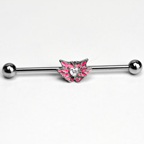 14G Clear Gem Heart Butterfly Pink Wings Industrial Barbell 38mm