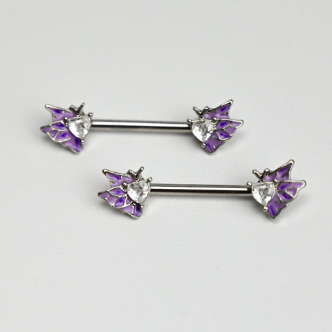 14G 9/16 Clear Gem Heart Butterfly Purple Barbell Nipple Ring Set