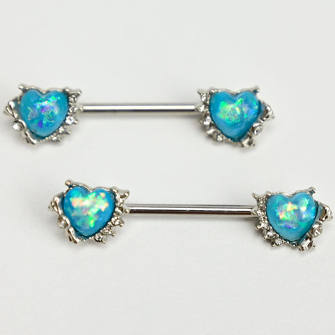 14G 9/16 Blue Faux Opal Sun Heart Barbell Nipple Ring Set