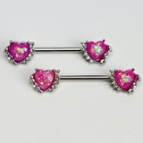 14G 9/16 Pink Faux Opal Sun Heart Barbell Nipple Ring Set