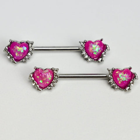14G 9/16 Pink Faux Opal Sun Heart Barbell Nipple Ring Set