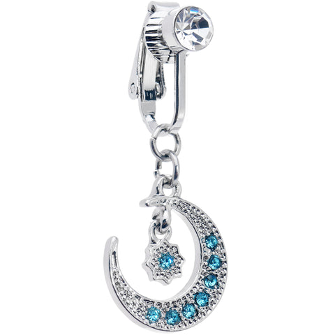 Blue CZ Gem Crescent Moon Star Dangle Clip on Fake Belly Ring