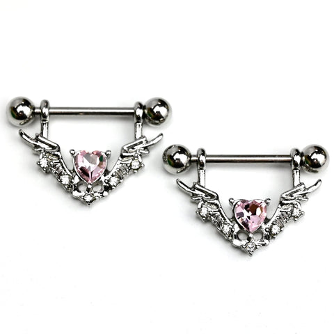 14G 9/16 Pink Gem Winged Hearts Angel Dangle Nipple Ring Set