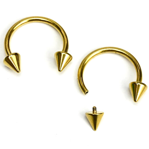 14G 9/16 Gold Tone Internally Threaded Spike Horseshoe Nipple Ring Set