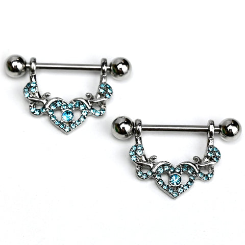 14G 9/16 Blue Gem Seeing Heart Dangle Nipple Ring Set
