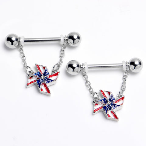 14G 9/16 Clear Gem Festive Patriot Pinwheel Dangle Nipple Ring Set