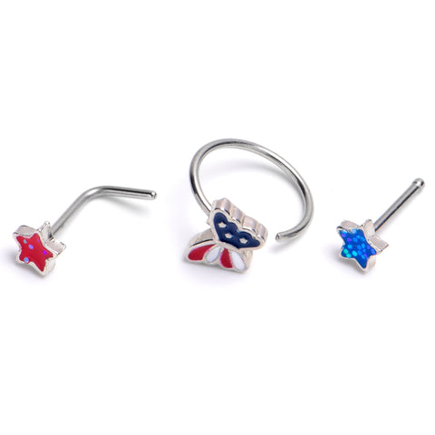 20G 1/4 Patriotic Star Butterfly Nose Hoop Bone Set of 3