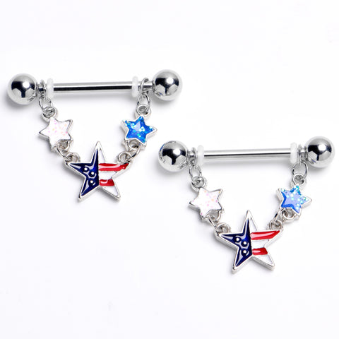 14G 9/16 Star Red White Blue Patriotic Dangle Nipple Ring Set