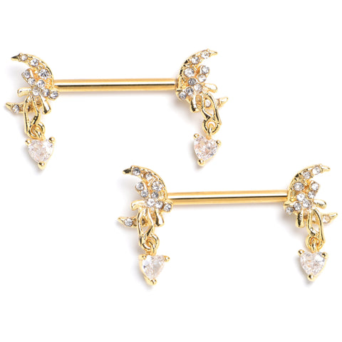 14G 9/16 Clear CZ Gem Gold Tone Moon Bow Heart Dangle Nipple Ring Set