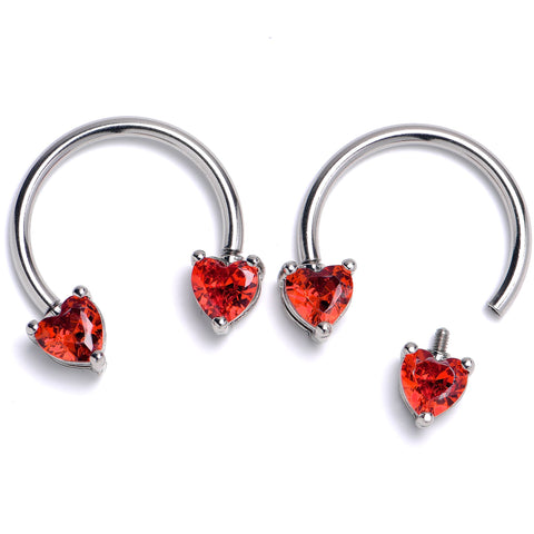 14G 9/16 Red CZ Gem Heart Internally Threaded Horseshoe Set