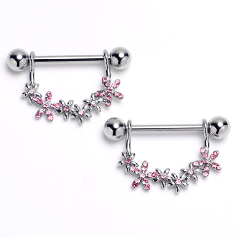 14G 9/16 Pink CZ Gem Flower Chain Dangle Nipple Ring Set